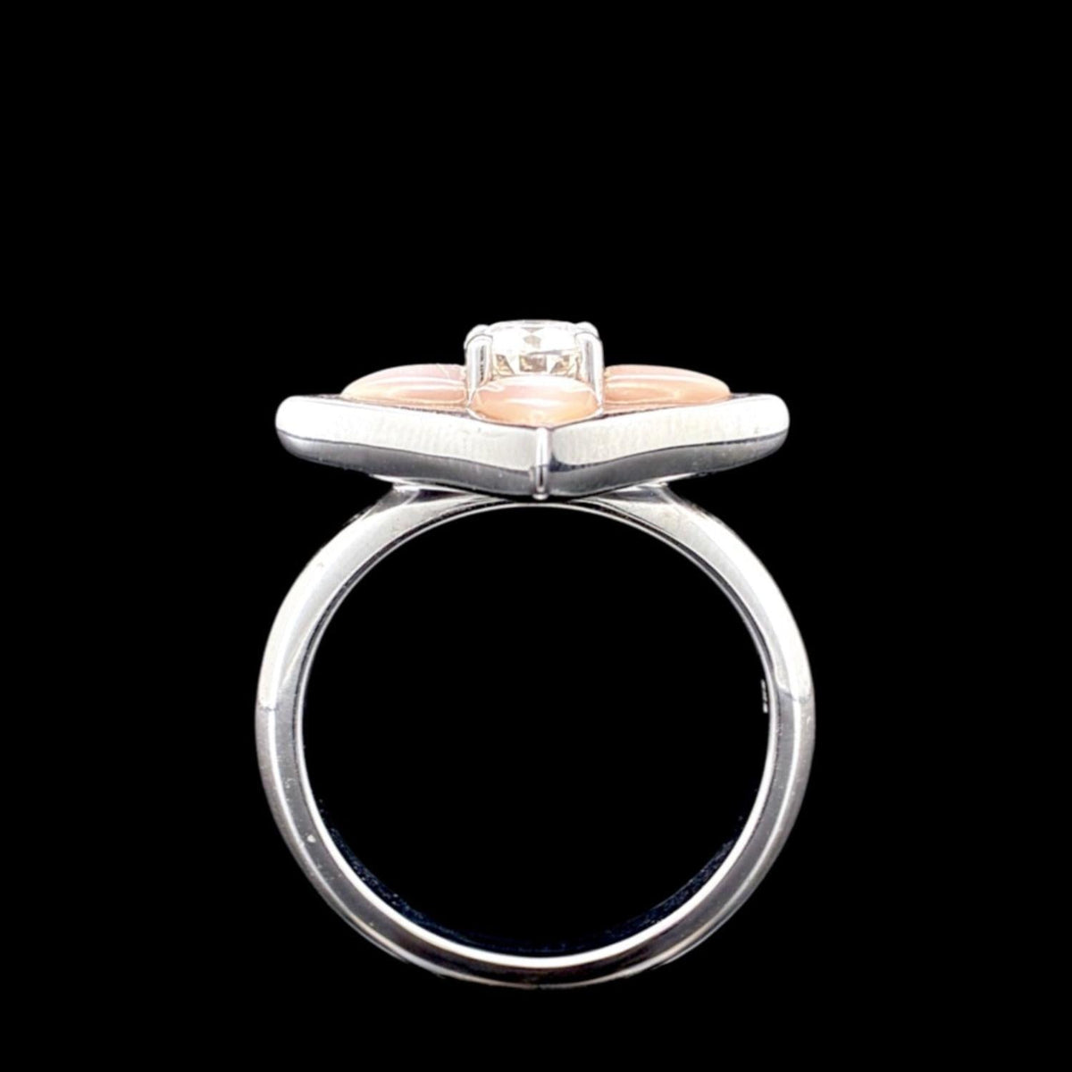 Impimo 0.50 CT moissanite and pink mother of pearl ring - closer view showing the pink shell inlay panels and the stone setting beside them.