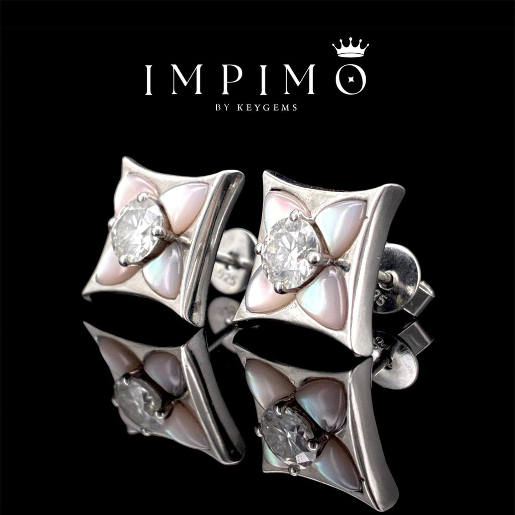 Impimo pink mother of pearl and moissanite four-point star stud earrings – alternate view