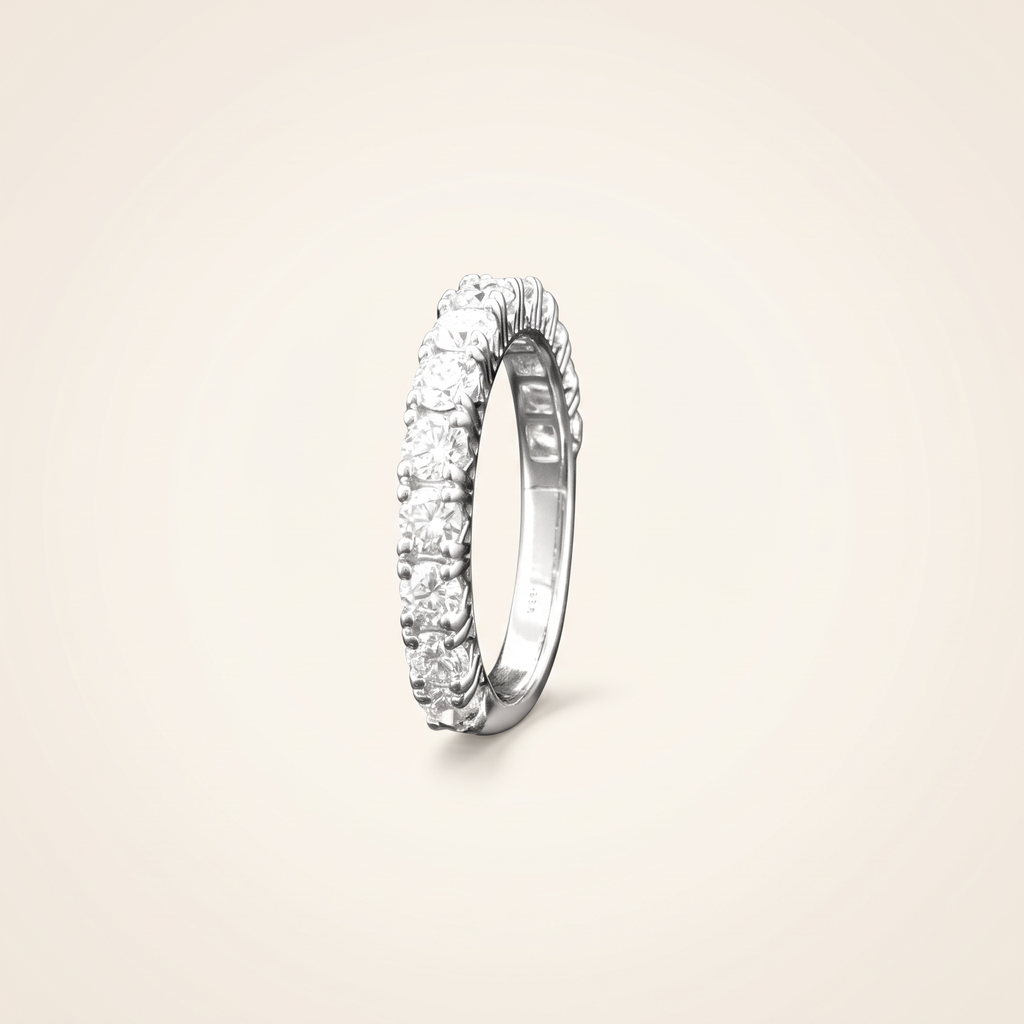 1.3 CT lab-grown diamond round cut ring in 925 sterling silver with 18K white gold plating, on a light ivory background