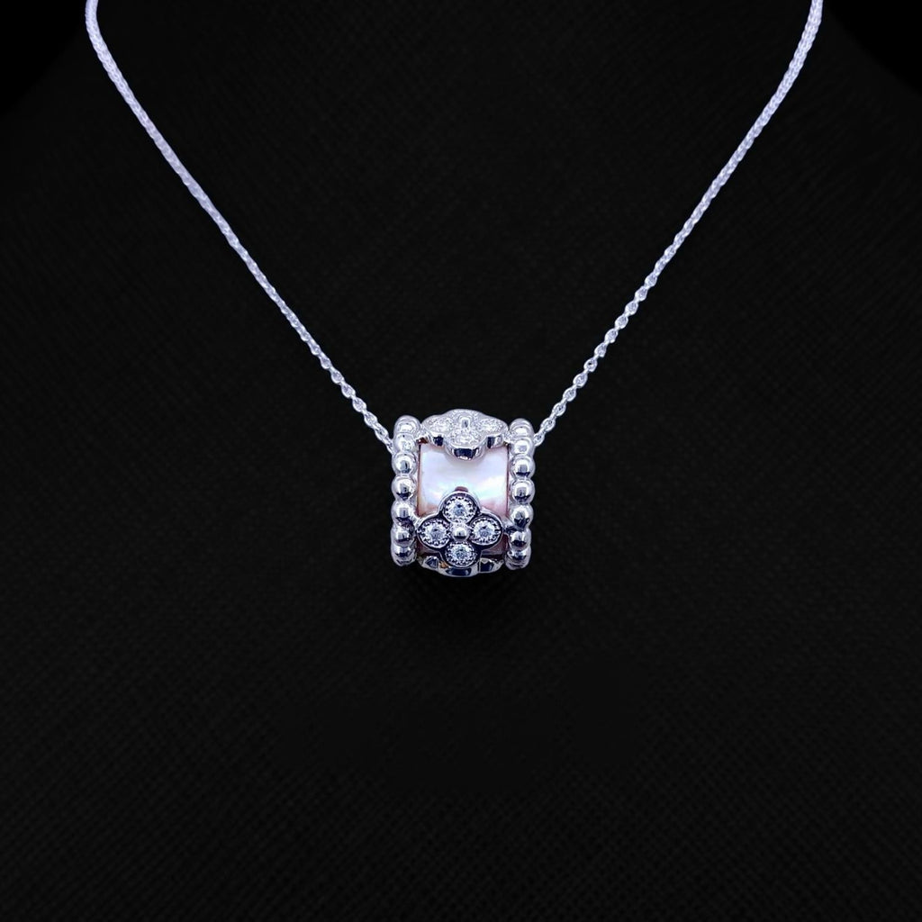 Impimo pink mother of pearl and moissanite flower motif slider pendant