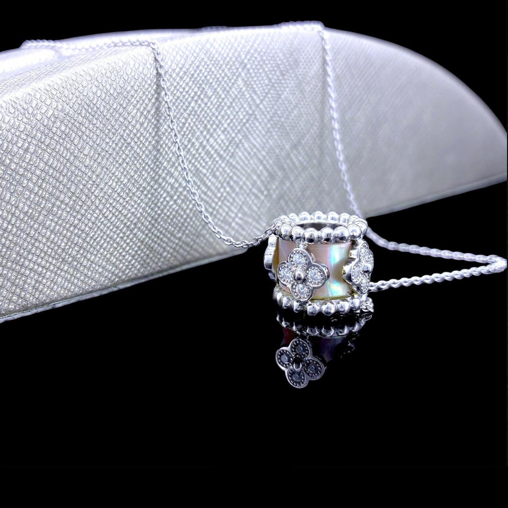 Impimo pink mother of pearl and moissanite flower motif slider pendant – alternate view