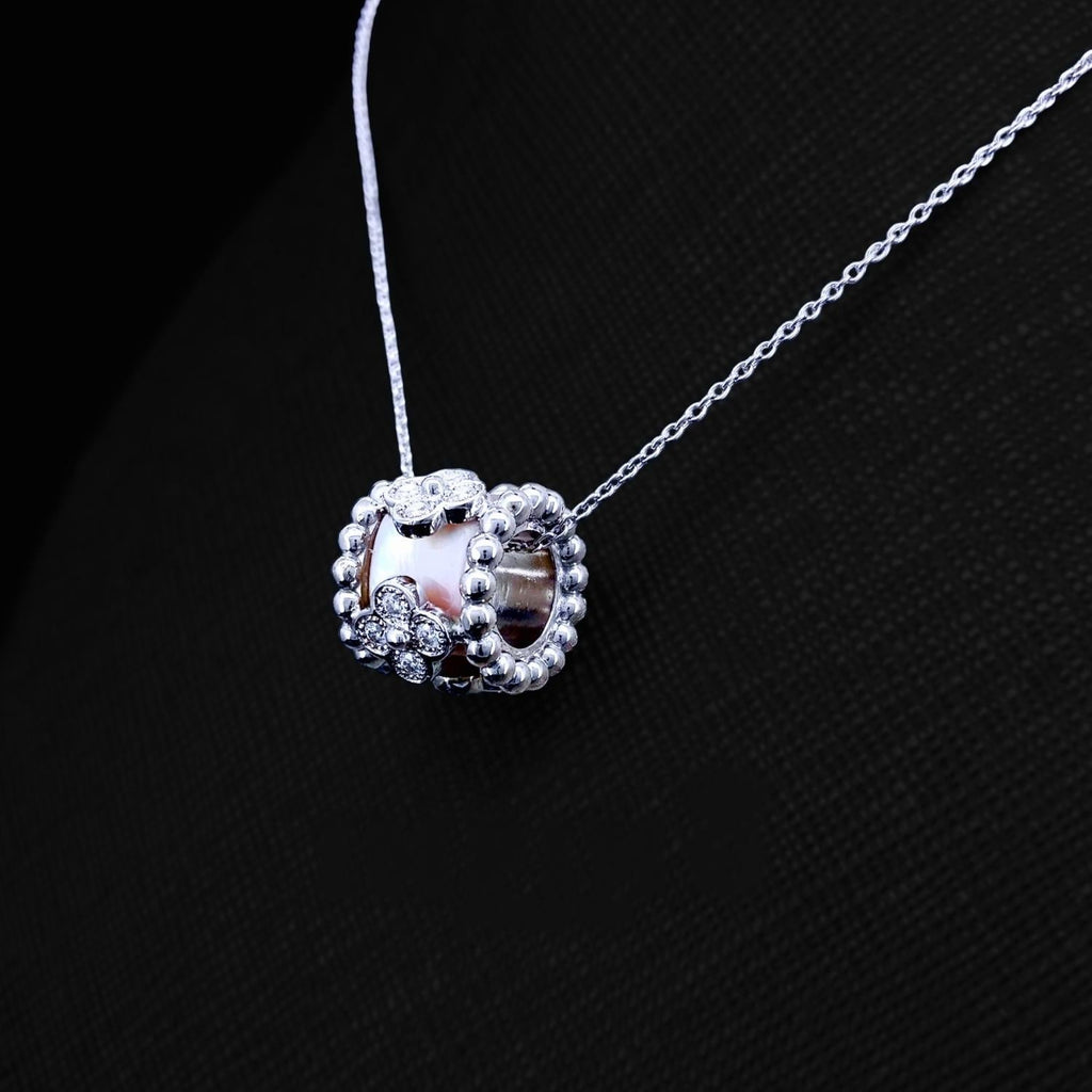 Impimo pink mother of pearl and moissanite flower motif slider pendant – alternate view
