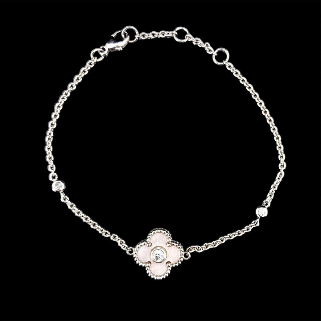 Impimo pink mother of pearl and moissanite four-leaf clover bracelet