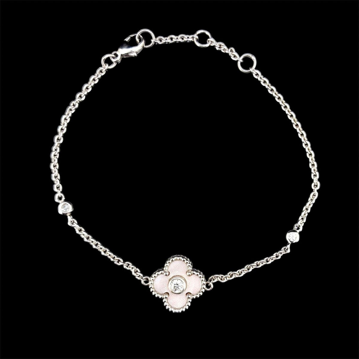 Impimo pink mother of pearl and moissanite four-leaf clover bracelet