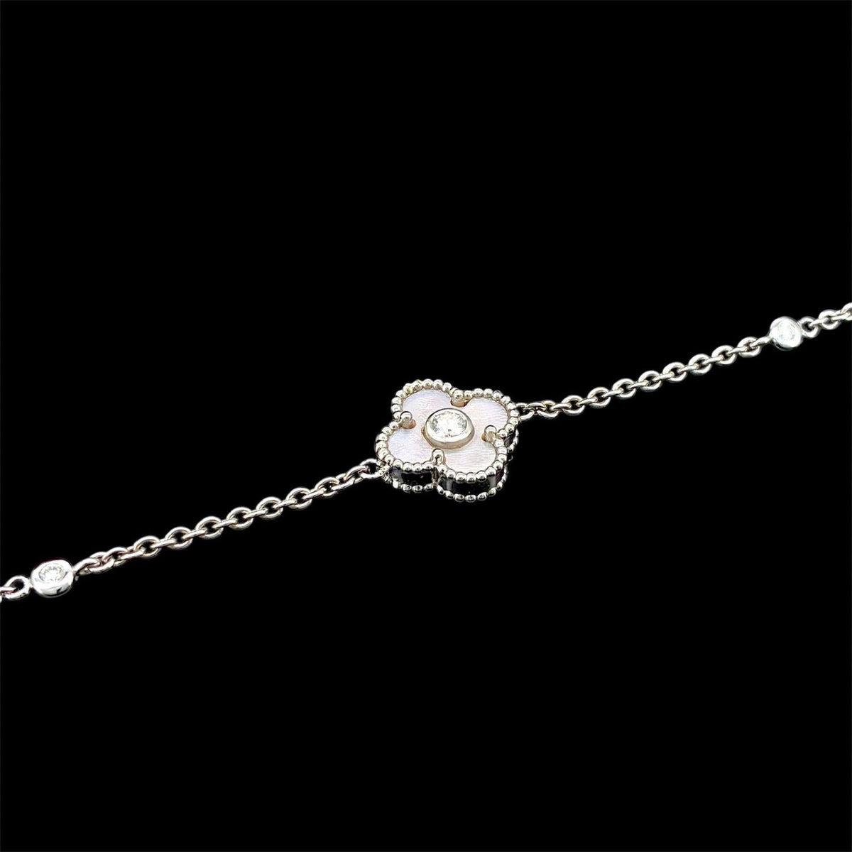 Impimo pink mother of pearl and moissanite four-leaf clover bracelet – alternate view