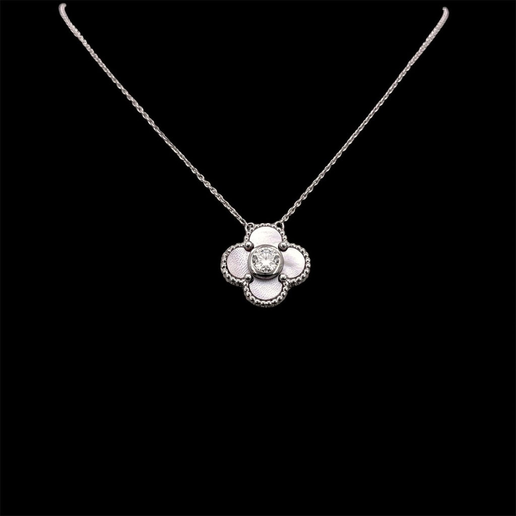 Impimo pink mother of pearl and moissanite four-leaf clover pendant