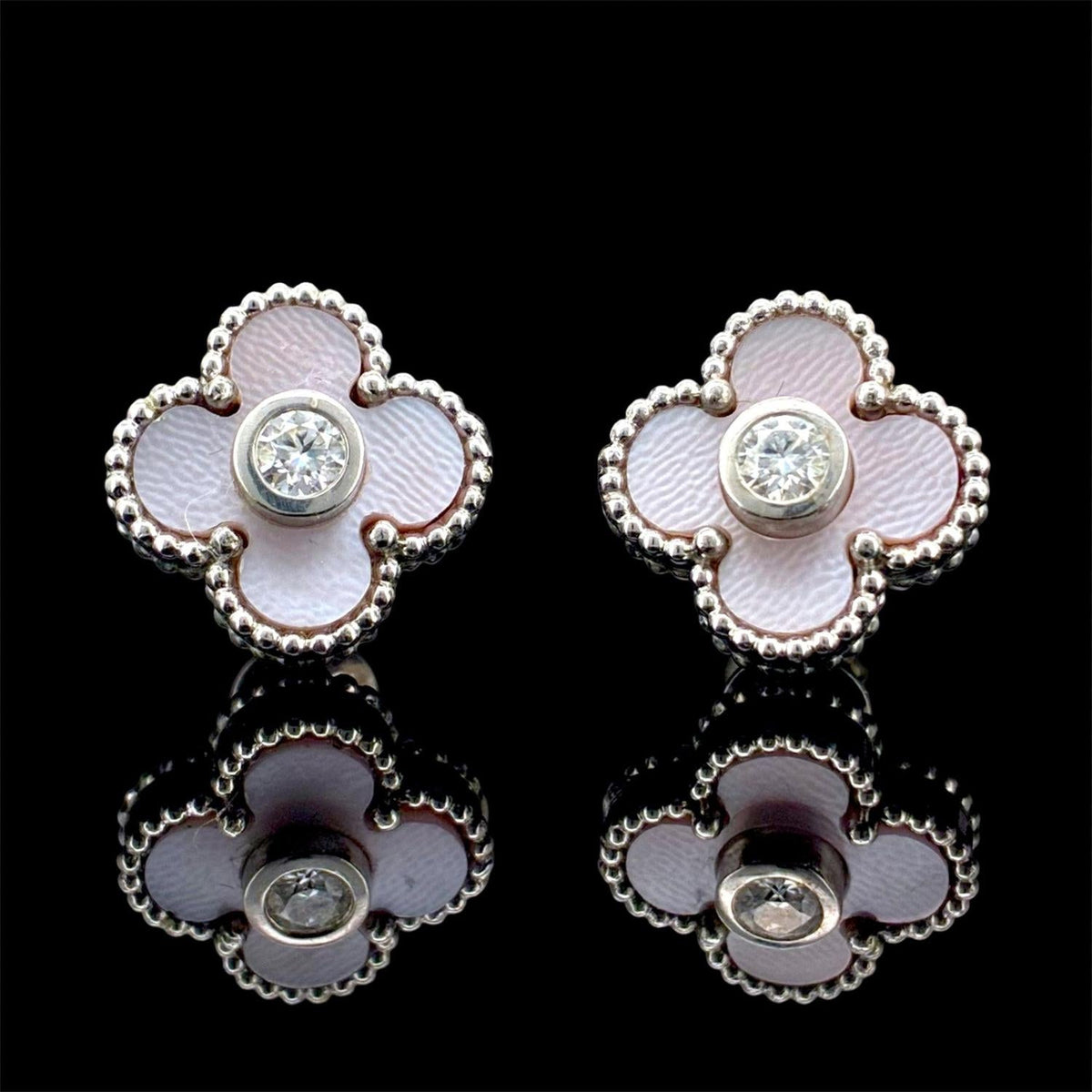 Impimo pink mother of pearl and moissanite four-leaf clover stud earrings