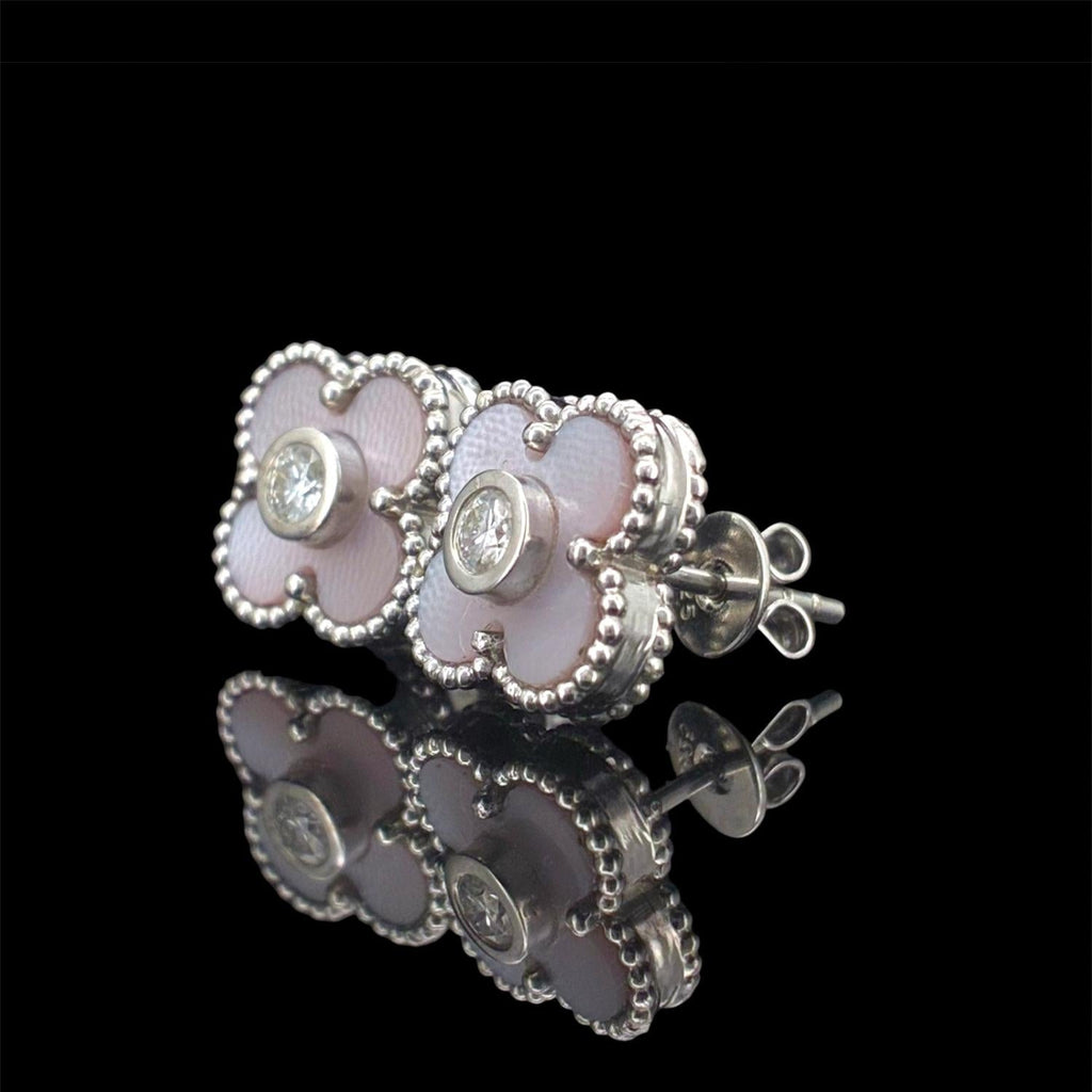 Impimo pink mother of pearl and moissanite four-leaf clover stud earrings – alternate view