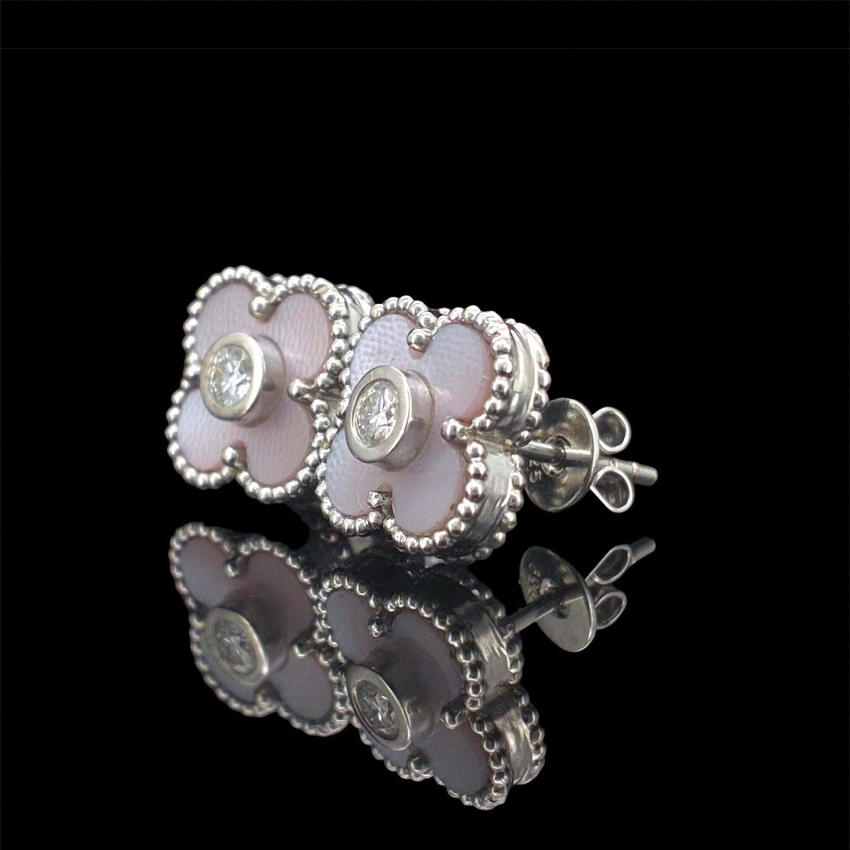 Impimo pink mother of pearl and moissanite four-leaf clover stud earrings – alternate view