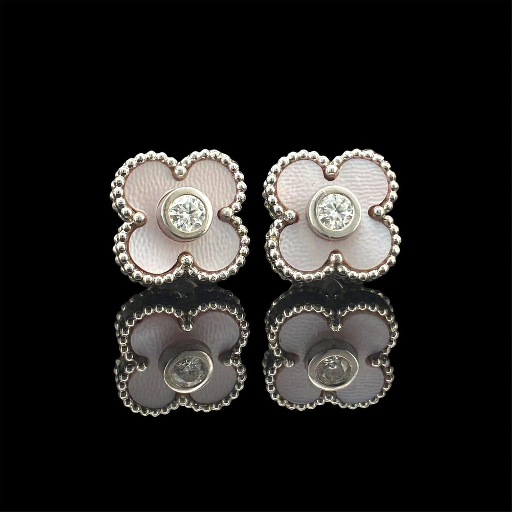 Impimo pink mother of pearl and moissanite four-leaf clover stud earrings – alternate view