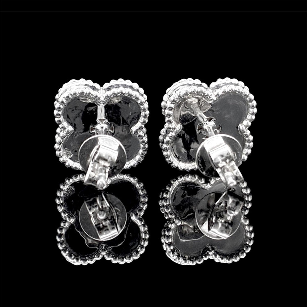 Impimo pink mother of pearl and moissanite four-leaf clover stud earrings – alternate view