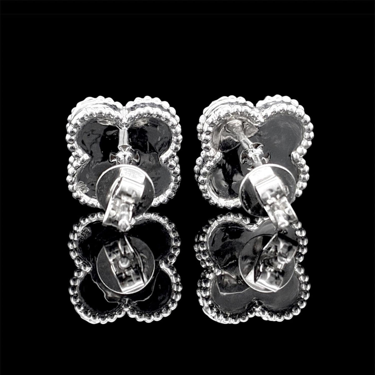 Impimo pink mother of pearl and moissanite four-leaf clover stud earrings – alternate view