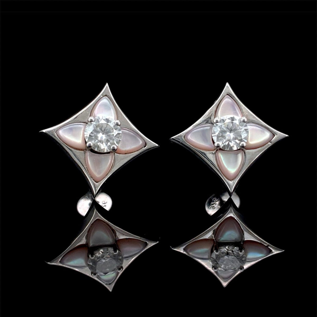 Impimo pink mother of pearl and moissanite four-point star stud earrings – alternate view
