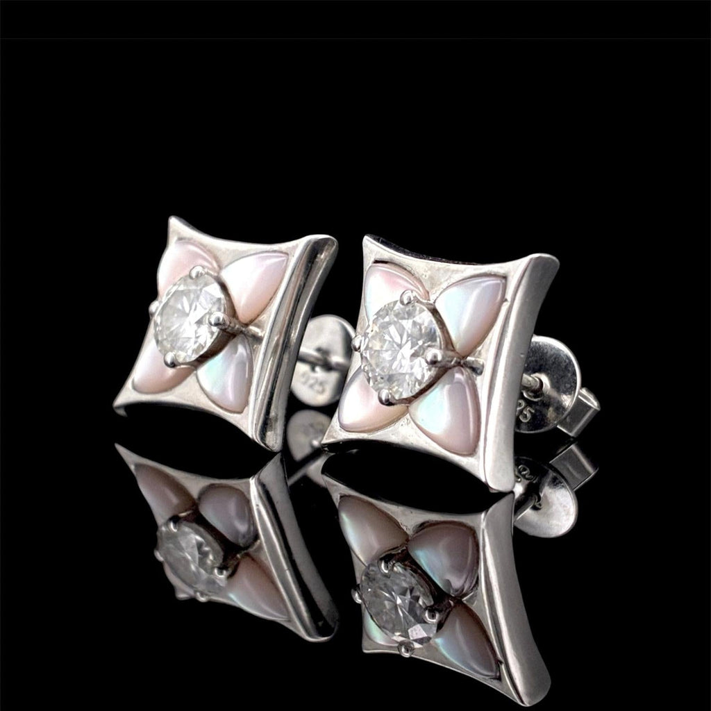 Impimo pink mother of pearl and moissanite four-point star stud earrings – alternate view