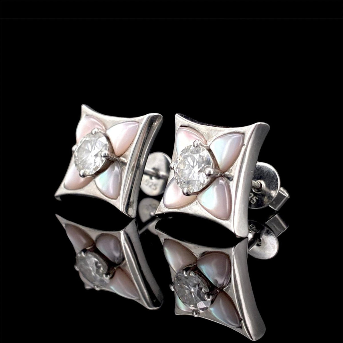 Impimo pink mother of pearl and moissanite four-point star stud earrings – alternate view