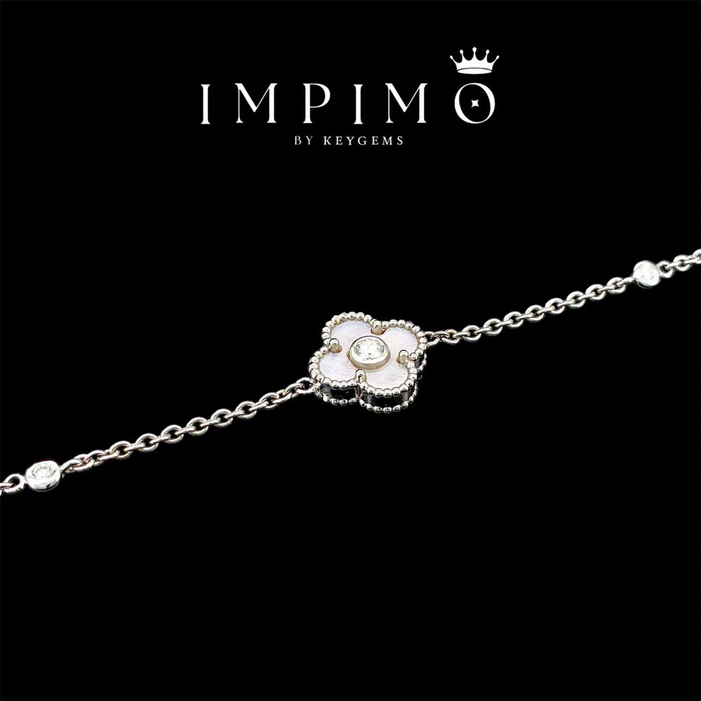 Impimo pink mother of pearl and moissanite four-leaf clover bracelet – alternate view