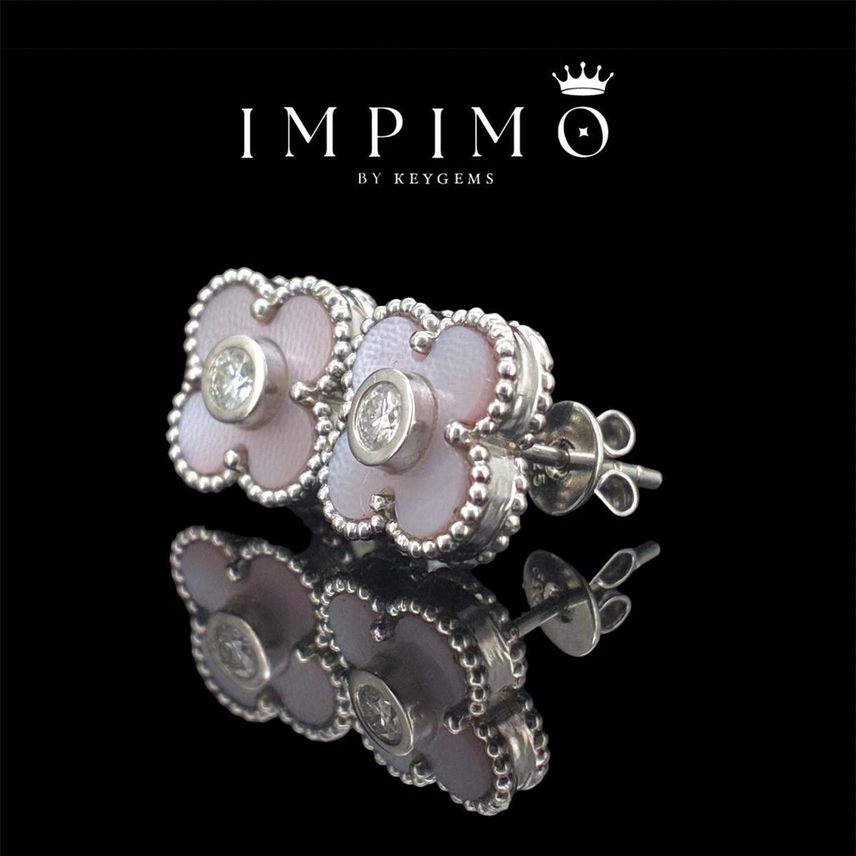 Impimo pink mother of pearl and moissanite four-leaf clover stud earrings – alternate view