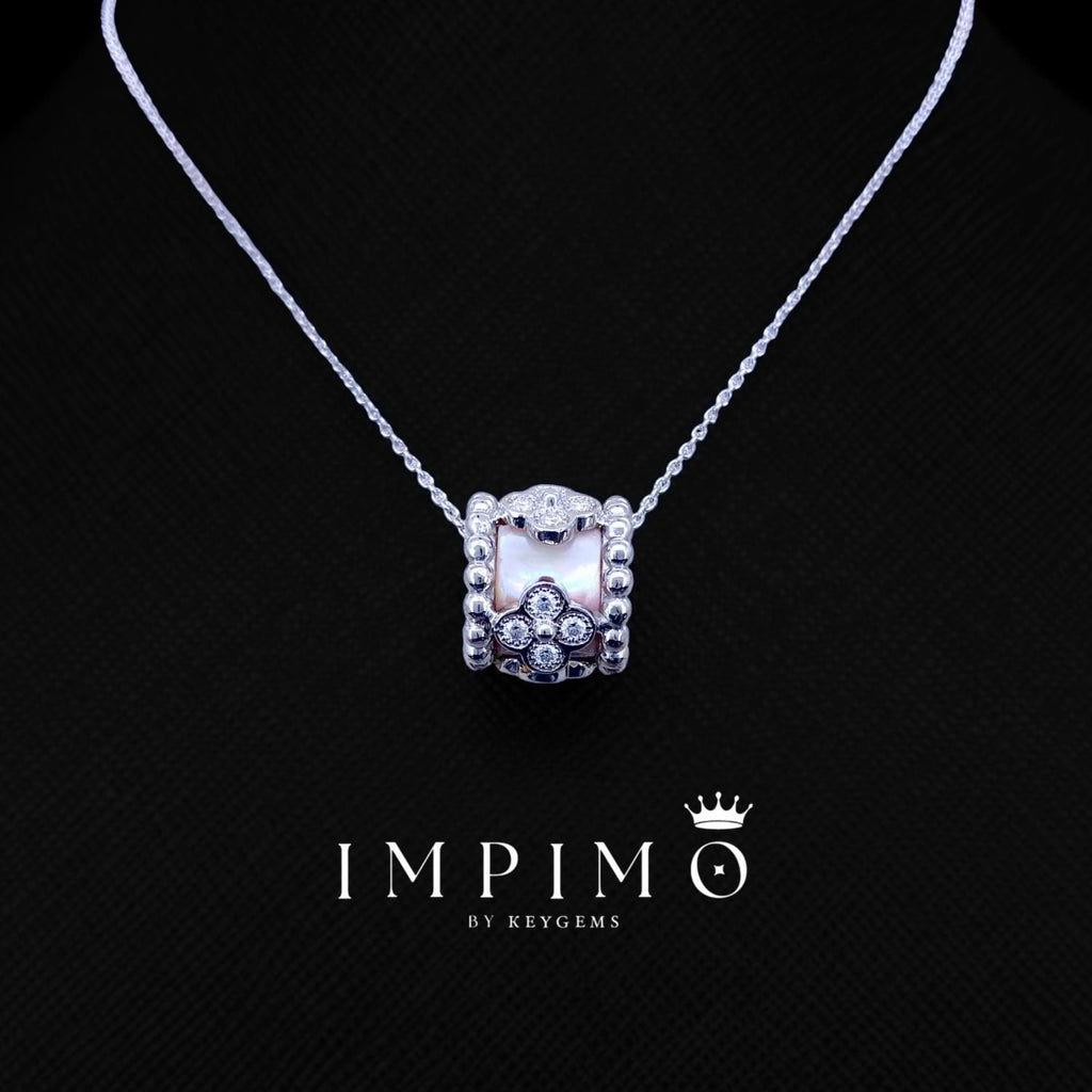 Impimo pink mother of pearl and moissanite flower motif slider pendant