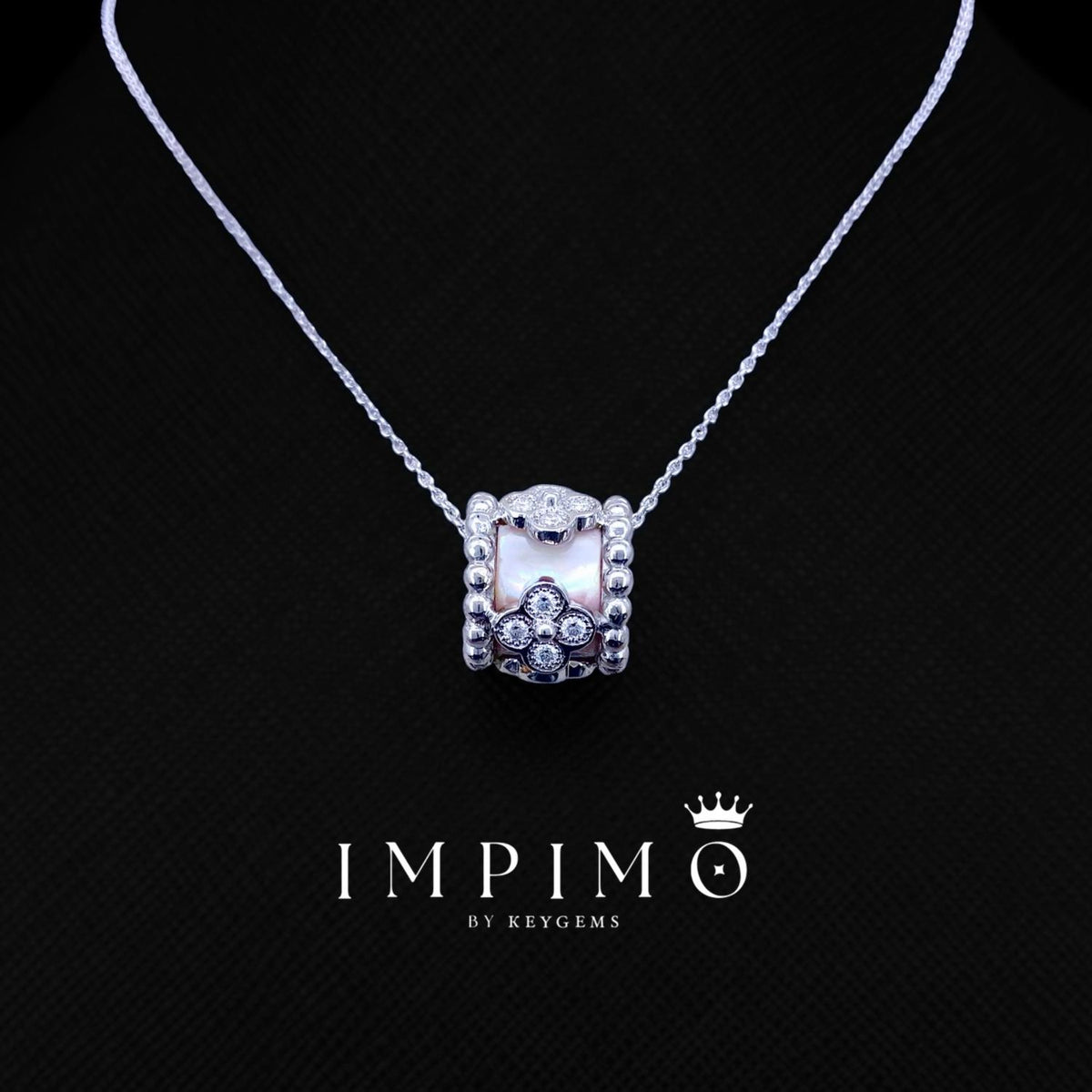 Impimo pink mother of pearl and moissanite flower motif slider pendant