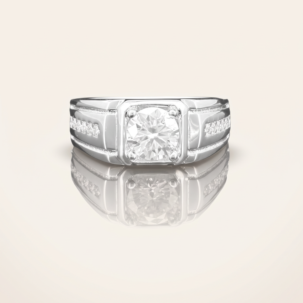Moissanite round cut ring with square bezel channel band in 925 sterling silver with 18K white gold plating, on a light ivory background
