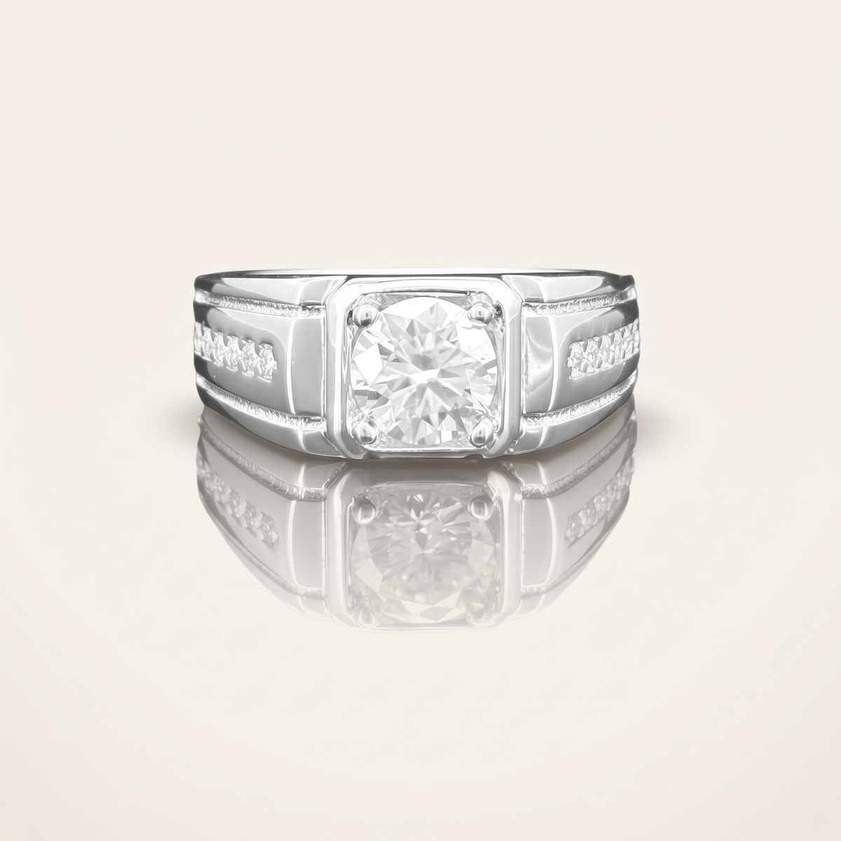 Moissanite round cut ring with square bezel channel band in 925 sterling silver with 18K white gold plating, on a light ivory background