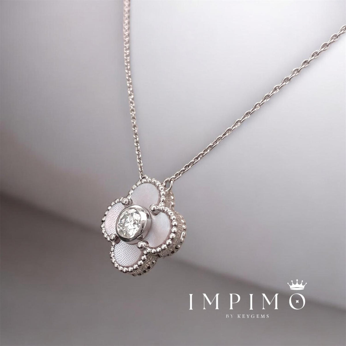 Impimo pink mother of pearl and moissanite four-leaf clover pendant – alternate view