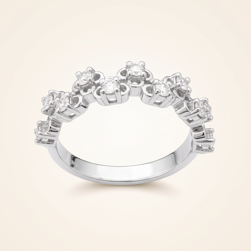 0.5 CT lab-grown diamond round cut ring in 925 sterling silver with 18K white gold plating, on a light ivory background