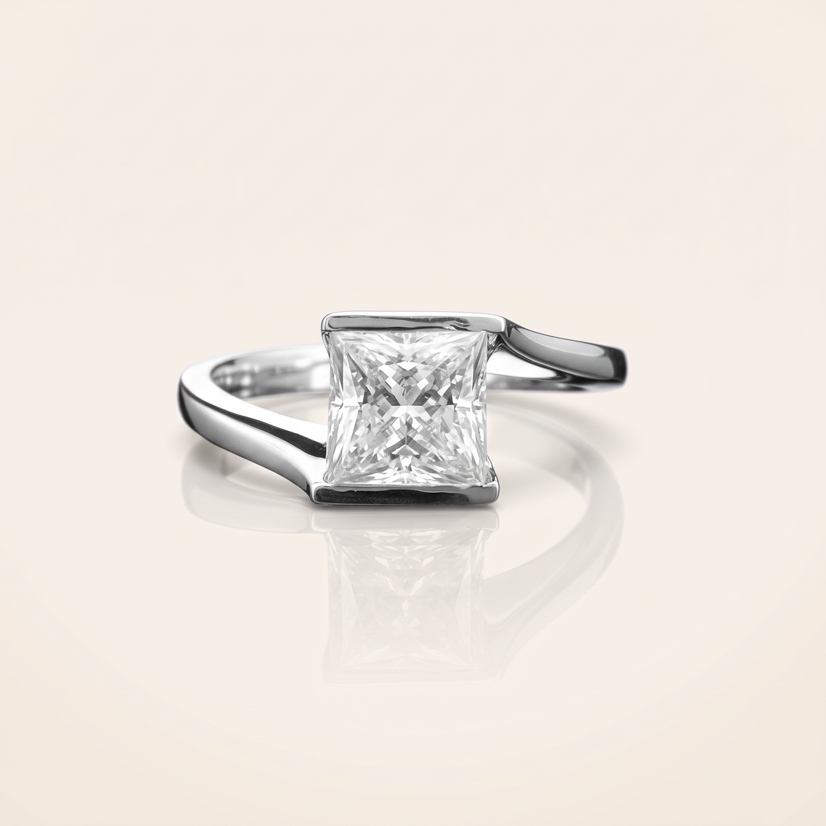 Moissanite princess cut ring in 925 sterling silver with 18K white gold plating, on a light ivory background
