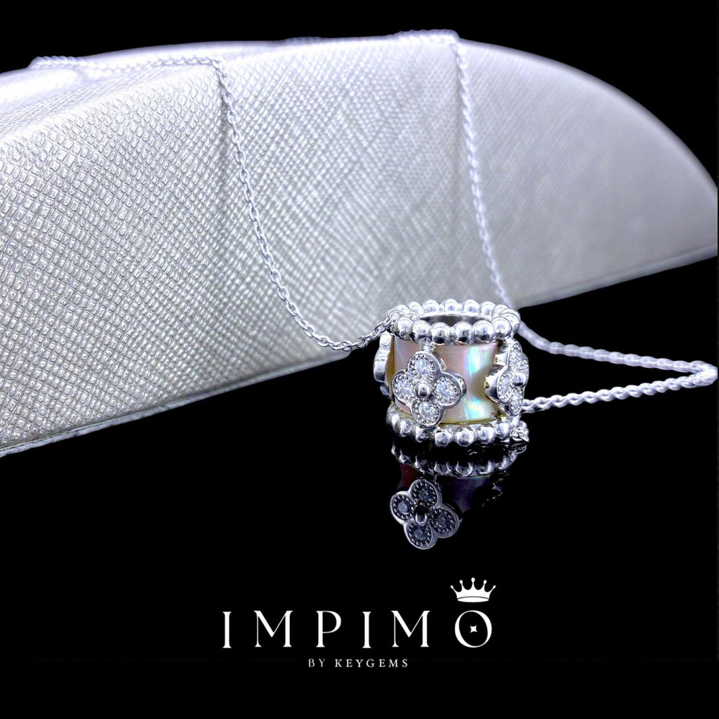 Impimo pink mother of pearl and moissanite flower motif slider pendant – alternate view