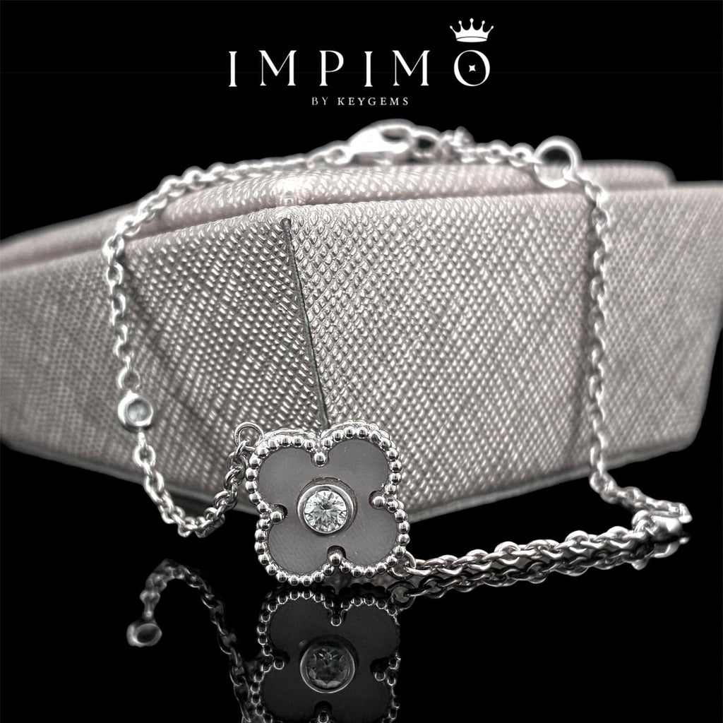 Impimo pink mother of pearl and moissanite four-leaf clover bracelet – alternate view