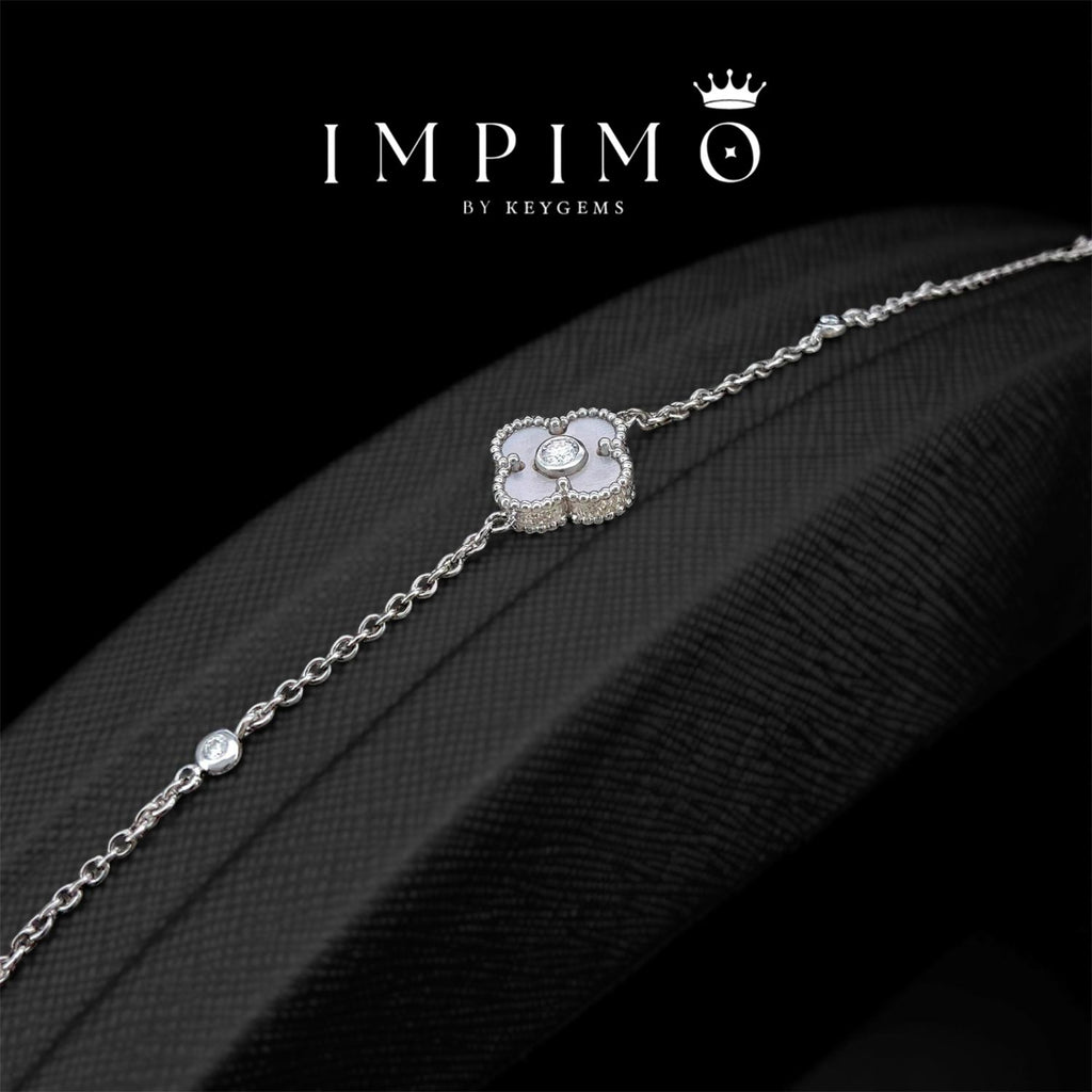 Impimo pink mother of pearl and moissanite four-leaf clover bracelet – alternate view