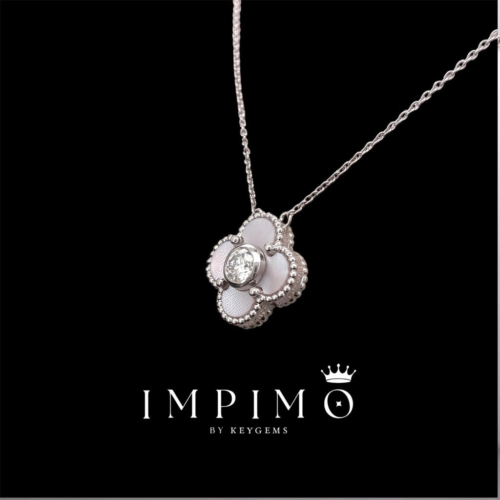 Impimo pink mother of pearl and moissanite four-leaf clover pendant – alternate view