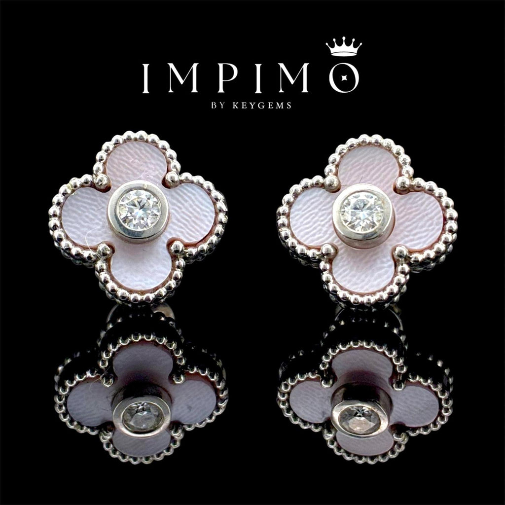 Impimo pink mother of pearl and moissanite four-leaf clover stud earrings