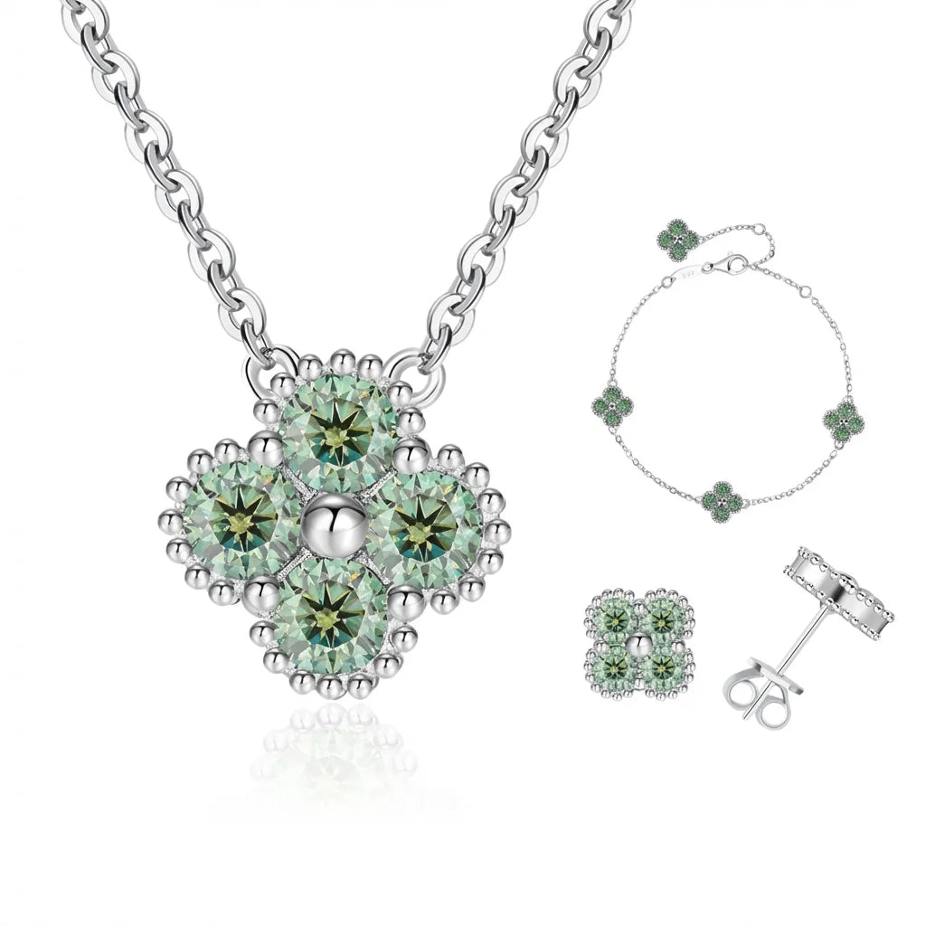 Impimo Fancy Green Moissanite Four-Leaf Clover Jewelry Set