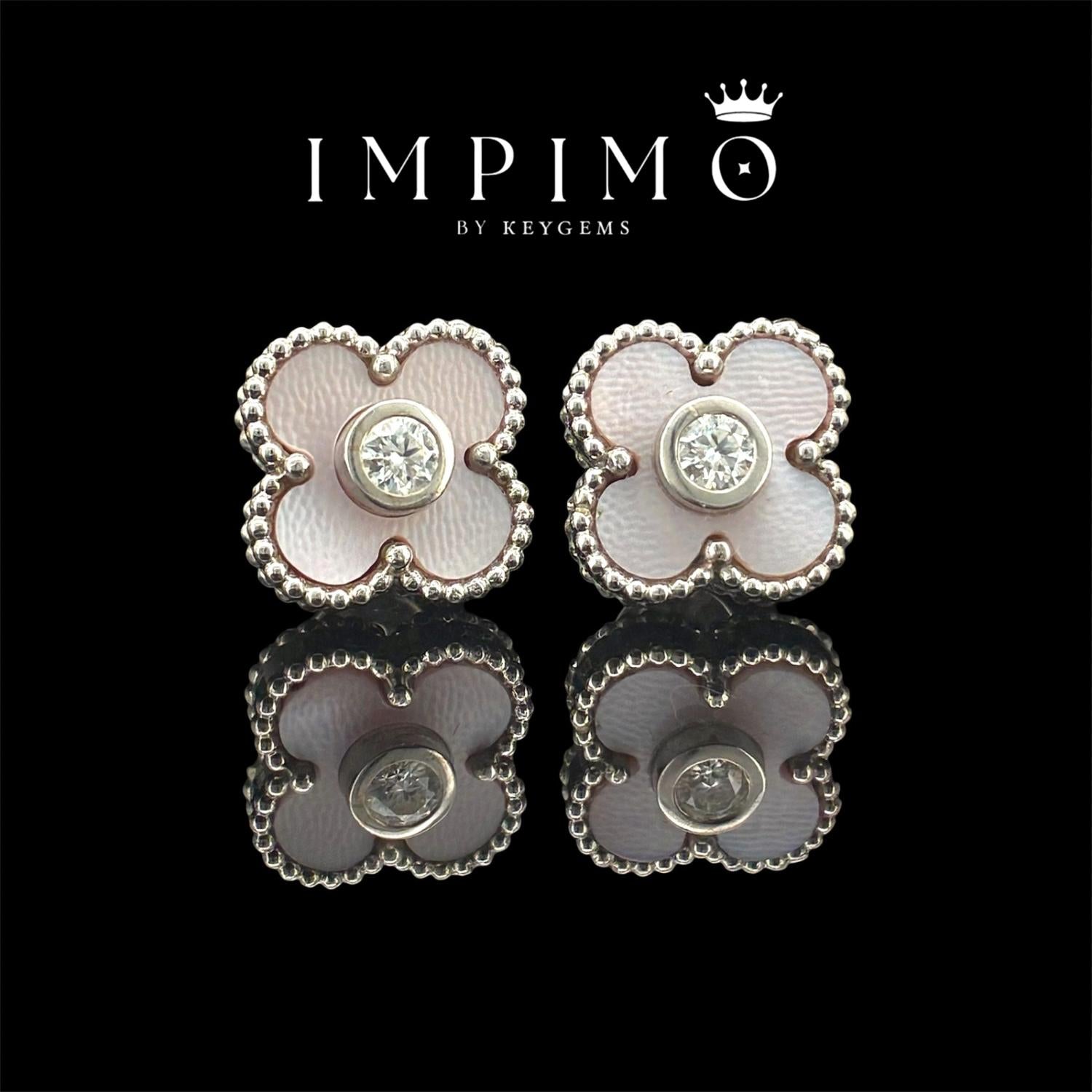 Impimo pink mother of pearl and moissanite four-leaf clover stud earrings – alternate view