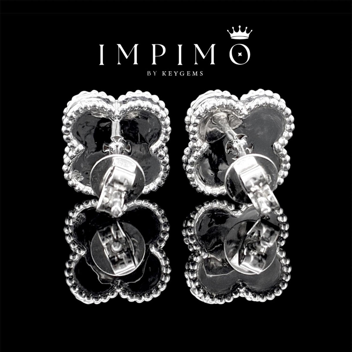 Impimo pink mother of pearl and moissanite four-leaf clover stud earrings – alternate view