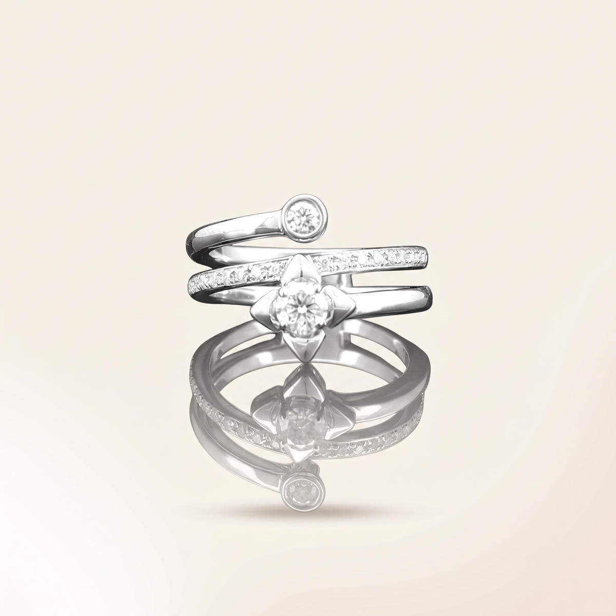 0.50 CT moissanite bypass twist ring in 925 sterling silver with 18K white gold plating, on a light ivory background