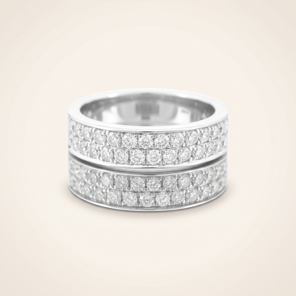 0.9 CT lab-grown diamond round cut ring with bubble bezel band in 925 sterling silver with 18K white gold plating, on a light ivory background