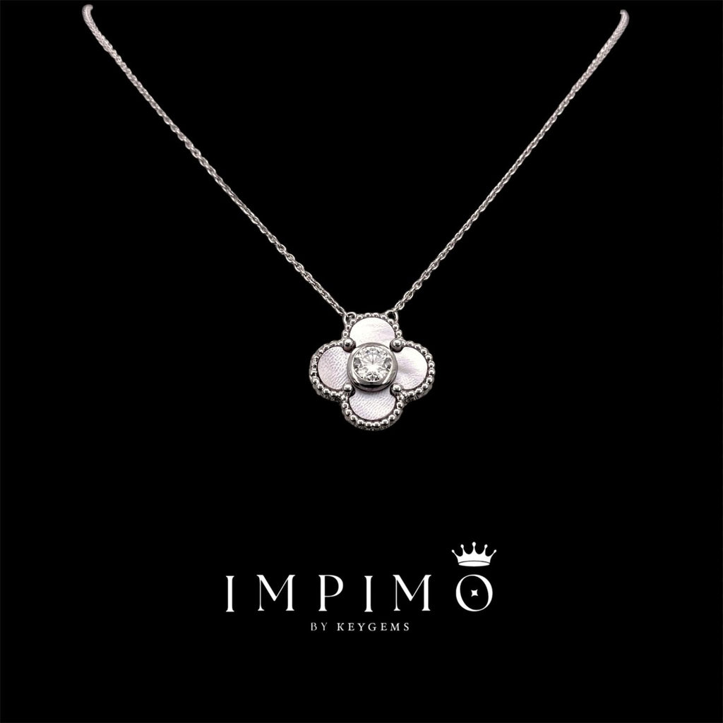 Impimo pink mother of pearl and moissanite four-leaf clover pendant