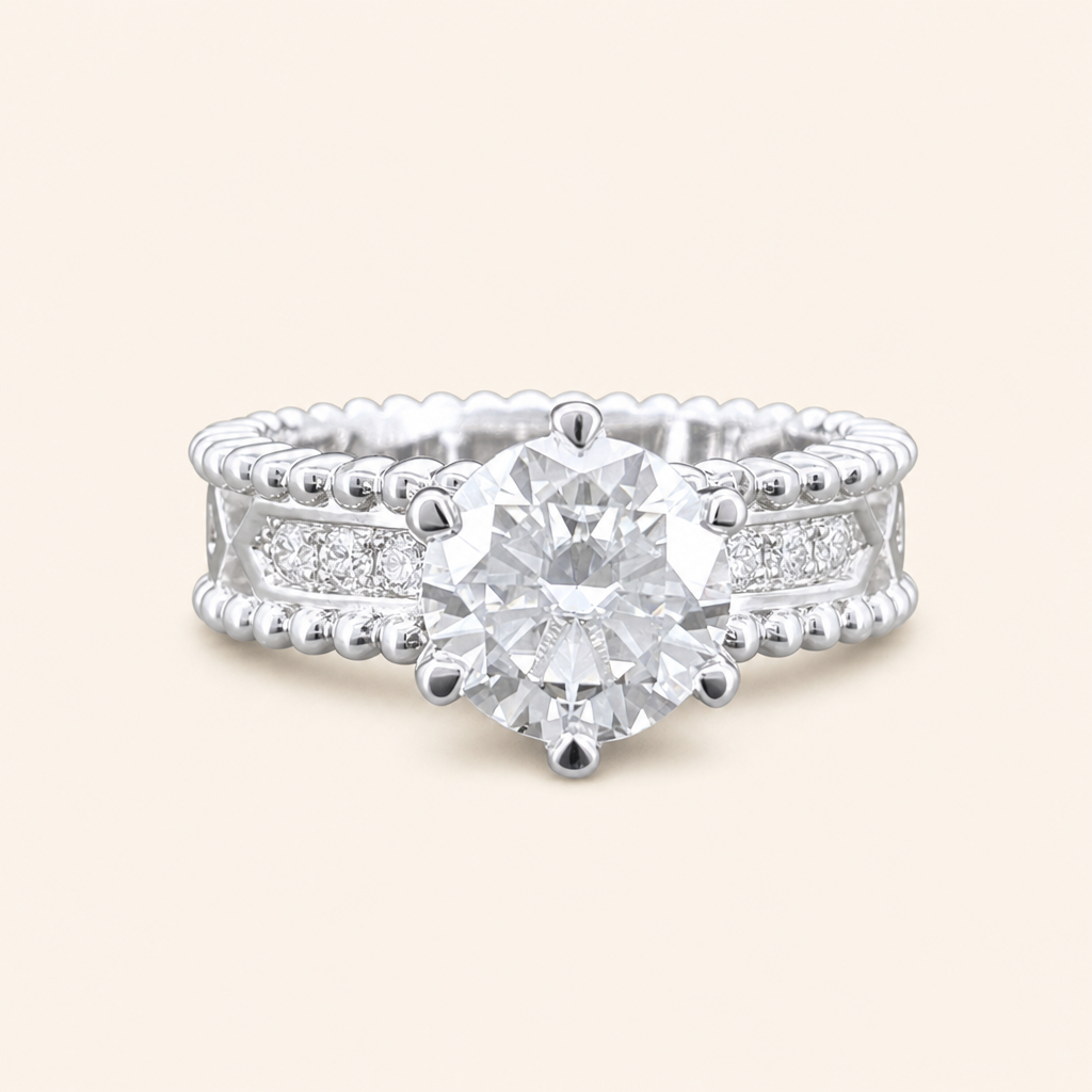 Impimo 1/2 CT Moissanite Round Solitaire Ring - Perlée Band - 925 Sterling Silver with 18K White Gold Plating | packshot on ivory