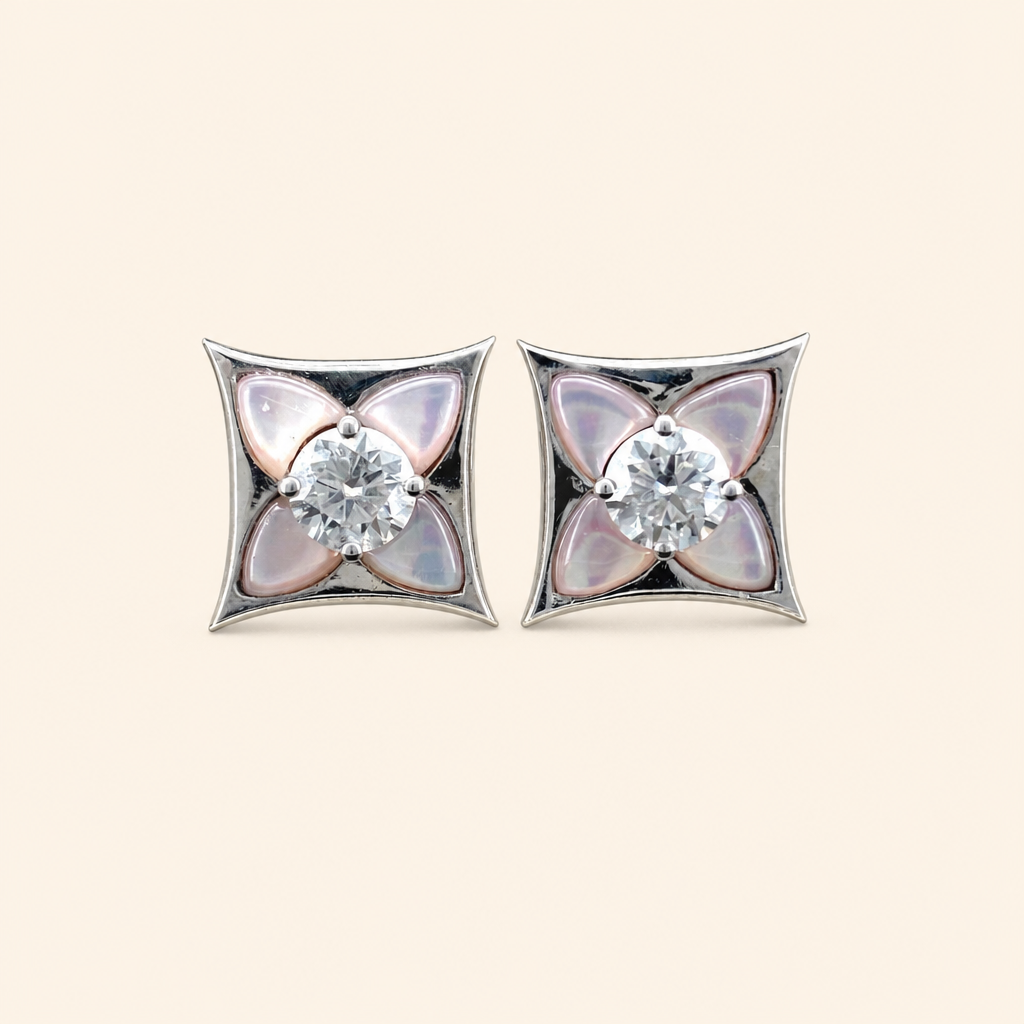 Impimo Natural Pink Mother of Pearl & Moissanite Four-Point Star Stud Earrings - 925 Sterling Silver with 18K White Gold Plating | packshot on ivory
