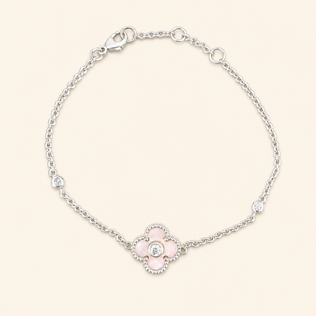 Impimo Natural Pink Mother of Pearl & Moissanite Four-Leaf Clover Bracelet - 925 Sterling Silver with 18K White Gold Plating | packshot on ivory