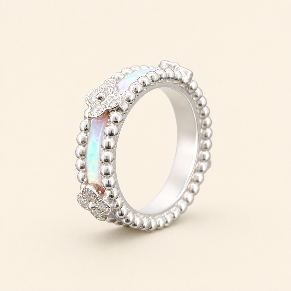 Impimo Natural Mother of Pearl & Moissanite Vintage Bead Band Ring - 925 Sterling Silver with 18K White Gold Plating | packshot on ivory
