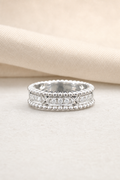 Impimo Moissanite Vintage Beaded Eternity Ring - 925 Sterling Silver 18K White Gold | display view on ivory linen