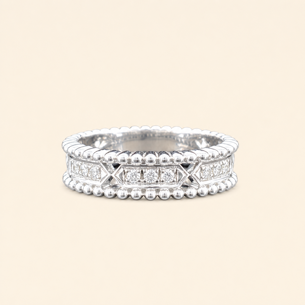 Impimo Moissanite Vintage Beaded Eternity Ring - 925 Sterling Silver 18K White Gold | packshot on ivory