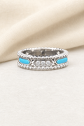 Impimo Moissanite & Natural Turquoise Vintage Beaded Ring - 925 Sterling Silver 18K White Gold | display view on ivory linen