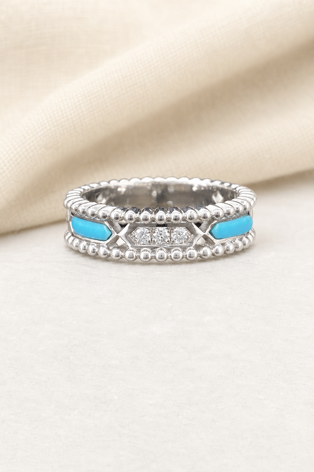 Impimo Moissanite & Natural Turquoise Vintage Beaded Ring - 925 Sterling Silver 18K White Gold | display view on ivory linen