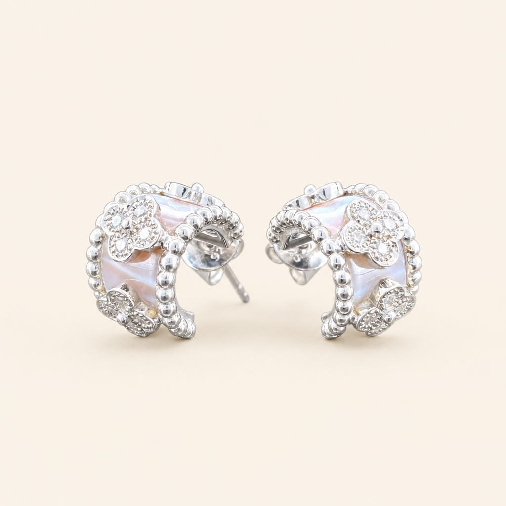 Impimo Natural Mother of Pearl & Moissanite Vintage Bead Earrings - 925 Sterling Silver with 18K White Gold Plating | packshot on ivory