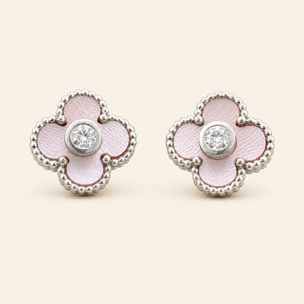 Impimo Natural Pink Mother of Pearl & Moissanite Four-Leaf Clover Stud Earrings - 925 Sterling Silver with 18K White Gold Plating | packshot on ivory