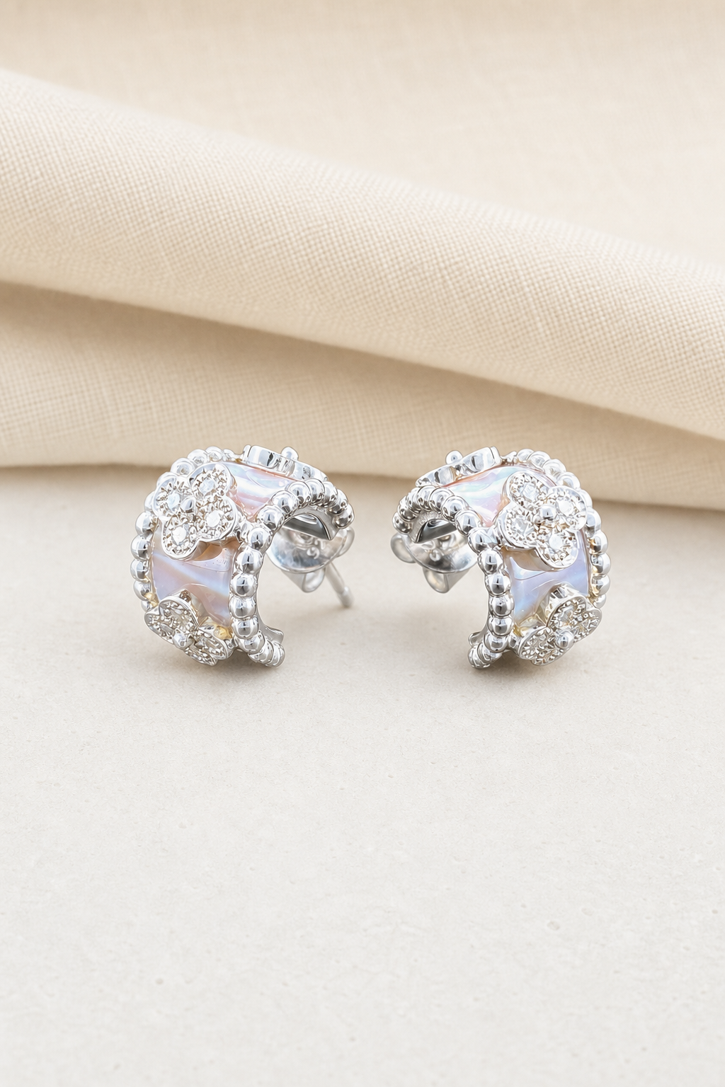Impimo Natural Mother of Pearl & Moissanite Vintage Bead Earrings - 925 Sterling Silver with 18K White Gold Plating | display view on ivory linen